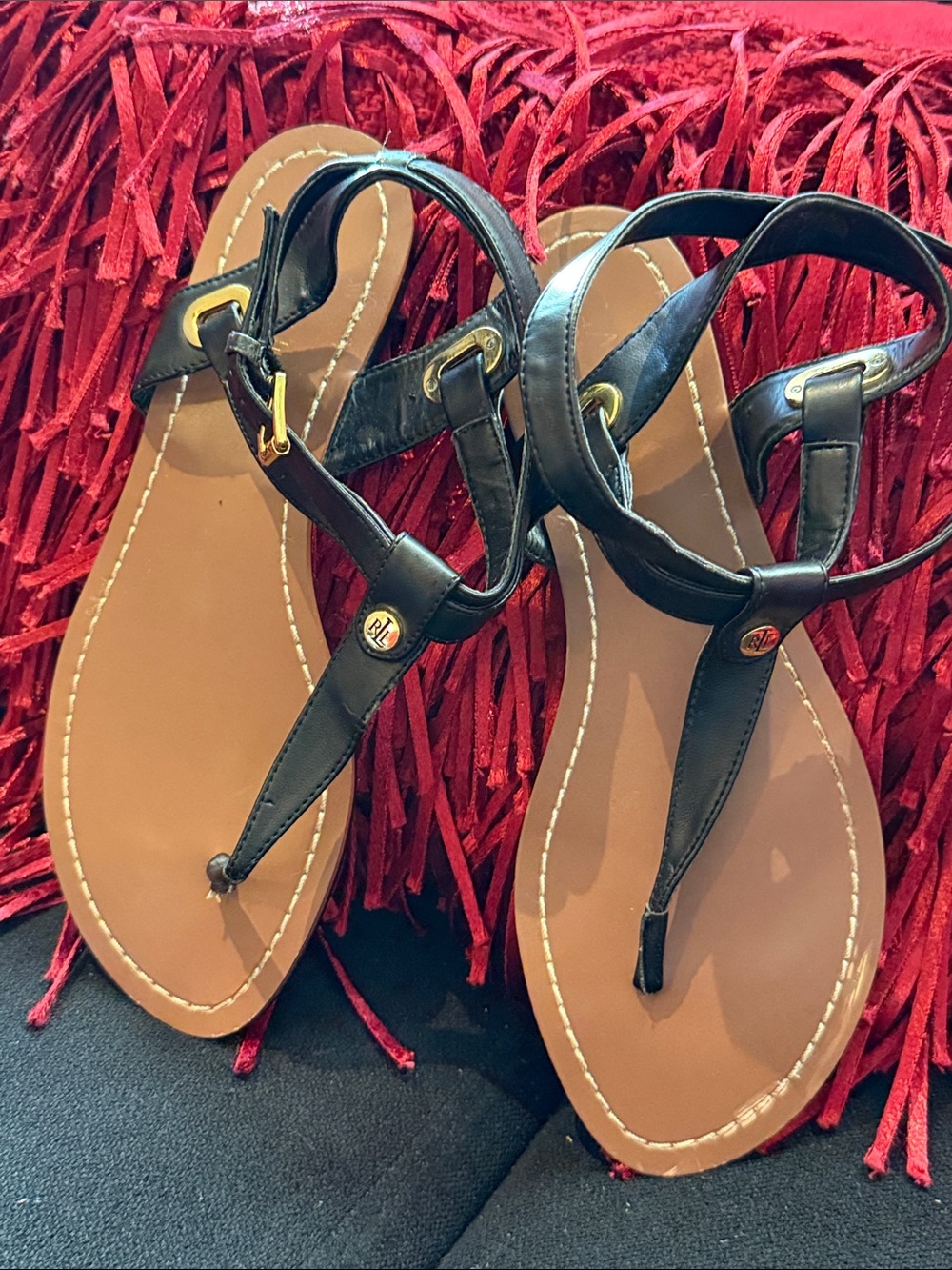 Ralph Lauren Black Leather T-Strap Thong Sandals with Gold Accents